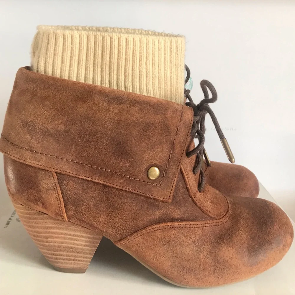 DR. SCHOLL'S BROWN SUEDE SWEATER KNIT LACE-UP ANKLE BOOT 7.5 NEW